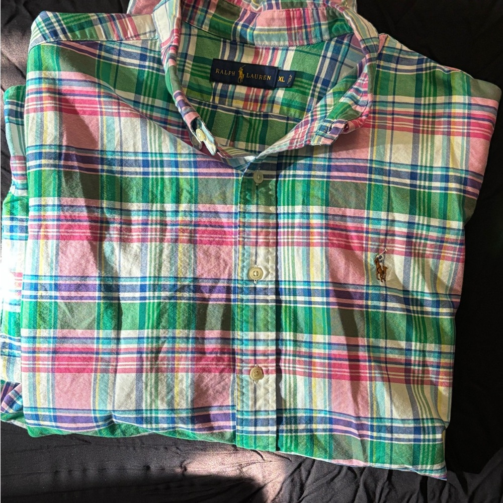 Polo Ralph Lauren Men's Green and Pink Plaid Shirt
